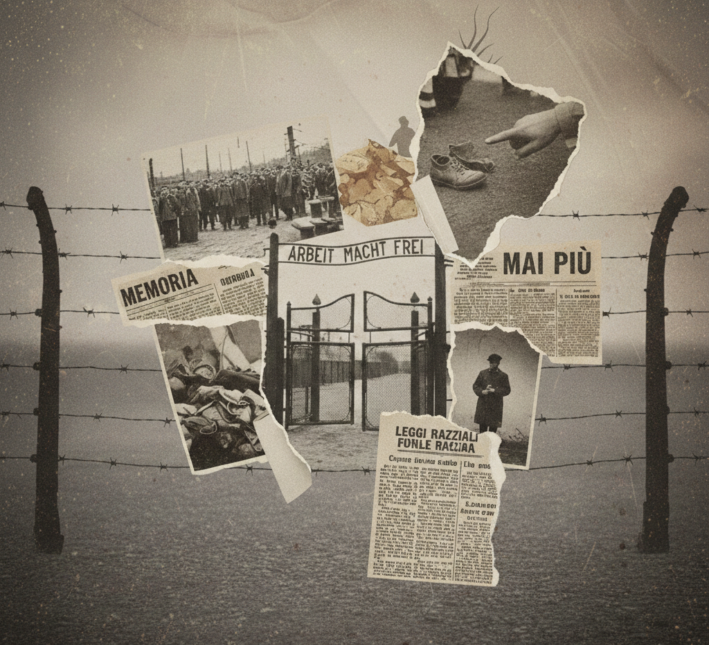 Un collage fotografico commemorativo per il Giorno della Memoria, realizzato con uno stile vintage e toni seppia. Al centro campeggia il cancello di un campo di concentramento con la scritta "Arbeit Macht Frei", incorniciato da pali e fili di ferro spinato. Attorno al cancello sono sovrapposti ritagli di giornale con i titoli "MEMORIA", "MAI PIÙ" e "LEGGI RAZZIALI", insieme a storiche fotografie in bianco e nero che ritraggono prigionieri in fila, cumuli di oggetti personali e vittime della Shoah.